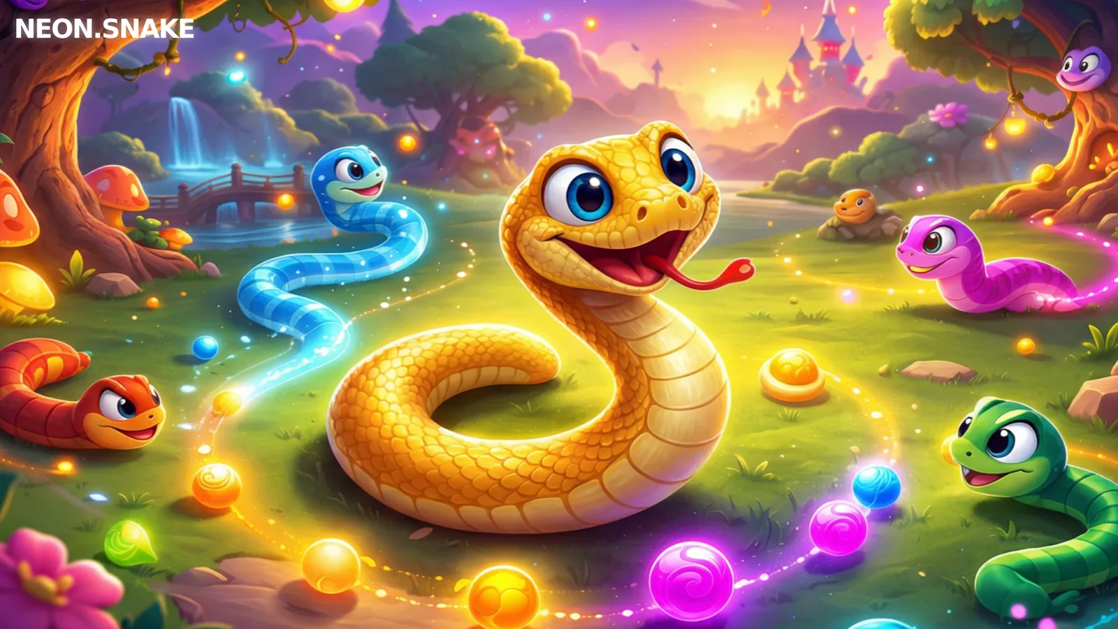 Лобби Neon Snake: разноцветные мультяшные змейки вокруг панели Join Arena с выбором ника, скина и комнаты